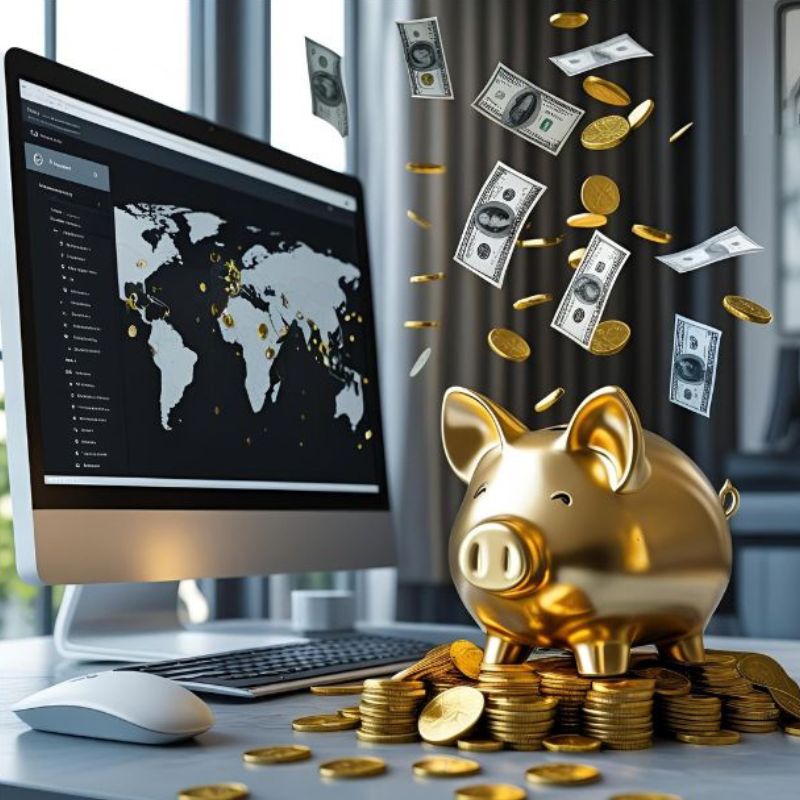 porquinho dourado com moedas, notas e computador representando ganhar dinheiro online