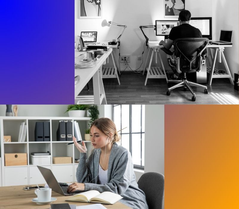 Homem e mulher trabalhando em casa como freelancers em projetos de trabalho remoto e produtividade