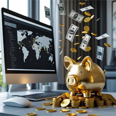 Porquinho dourado ao lado de um computador com dinheiro e moedas caindo, representando prosperidade financeira com métodos online