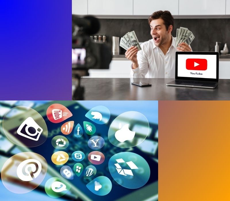 Criador de conteúdos ganhando dinheiro com YouTube e Shorts e celular com redes sociais flutuando